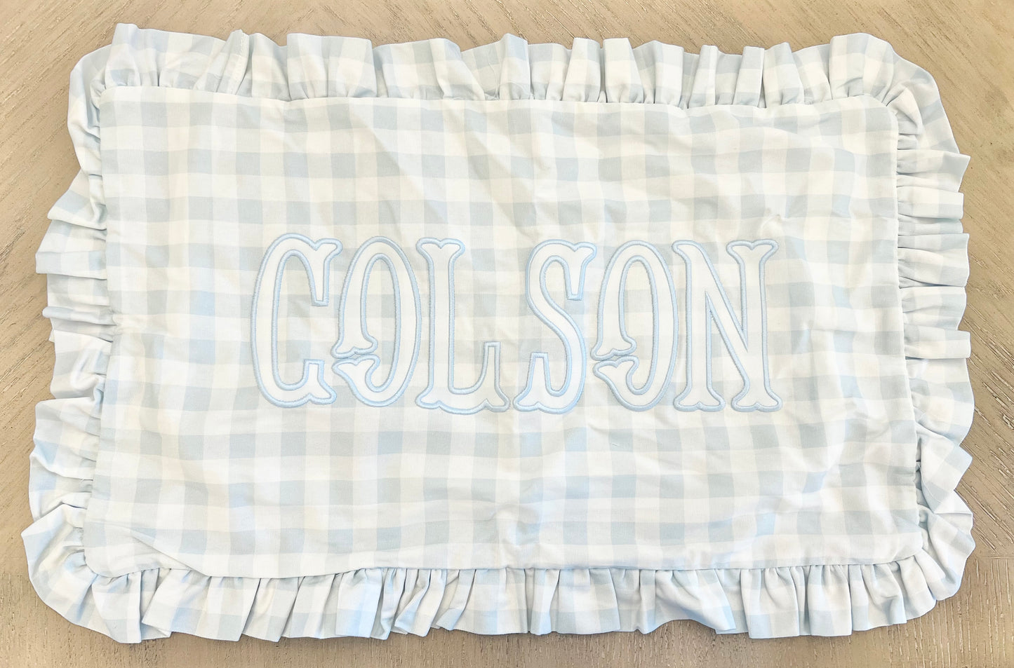 Blue Gingham Ruffle Pillow (Colson)