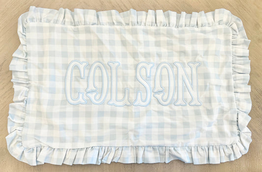 Blue Gingham Ruffle Pillow (Colson)